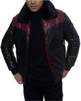 men faux leather mixed media chevron quilt bomber jacket with removable faux fur collar