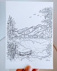 Jasper Malign Lake One Of My Favourite Sketch All National Parks Are Closed In This Moment Let This 5 X 7 Ink Ink Pen Drawings Original Ink Landscape Prints