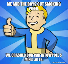 Me And The Boys Out Smoking Weed We Crashed Our Car Into A Pole 5 Mins Later Vault Boy Fallout 4 Game Make A Meme