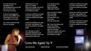 BTS Translations  Bangtansubs on X: [KORENG LYRICS] Love Me Again by V  @BTS_twt BTS 방탄소년단 LoveMeAgain LoveMeAgainbyV Layover 🔗  t.co7TeTs78g42 t.coh43o1gSg3l  X