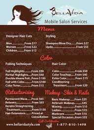 Menu Bella Vida Style Mobile Salon Mobile Salon Mobile Hair Salon Salon Services