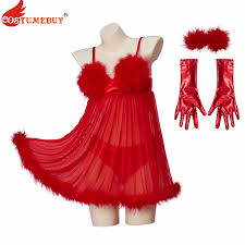 CostumeBuy Austin Powers Fembot Cosplay Costume Womens Sexy Feather  Lingerie Set Dress with Gloves Halloween Costume
