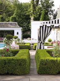 Custom Awning Black White Stripes Hollywood Regency Rose Garden Boxwoods Roses Rosegarden White Gardens Boxwood Garden Pool Landscaping