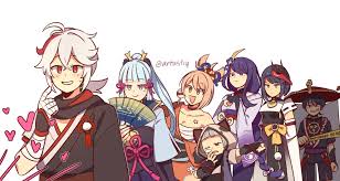 artastiq, ayaka (genshin impact), kaedehara kazuha, kujou sara, raiden  shogun, sayu (genshin impact), scaramouche (genshin impact), yoimiya  (genshin impact), genshin impact, commentary, highres, 2boys, 5girls, :d,  anger vein, arm up, armor, arms