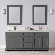 For larger bathrooms, like the ones in master bedrooms, you'll likely want to consider a double vanity, which will provide enough space for a couple or family. St Lawrence Cabinets London Vanity With Dover White Quartz Top Double Sink 72 In Graphite Grey Lowe S Canada