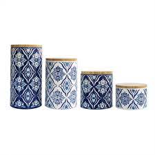 Vintage heritage by royal sealy white and blue canister set of 4 | vintage blue onion canister set | blue & white kitchen canisters flawedtofabulous 5 out of 5 stars (1,103) $ 87.00. American Atelier Pirouette 4 Piece Blue White Ceramic Canister Set With Wood Lid 6287 Can The Home Depot Blue Canister Set Ceramic Canister Set Blue Canister