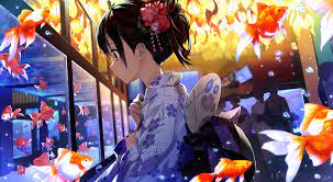 Anime Original Aquarium Yukata Green Eyes Girl Brown Hair Fish Wallpaper Anime Kimono Anime Anime Artwork