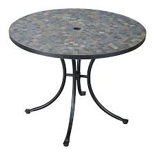 Outdoor Dining Table With A Slate Tile Inlay And Center Umbrella Opening Product Dining Tableconst Steel Dining Table Round Patio Table Outdoor Dining Table