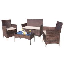 Walnew 4 Piece Outdoor Patio Conversation Furniture Sets With Cushioned Tempered Glass In 2020 Balcony Furniture Set Outdoor Patio Furniture Sets Patio Furniture Sets