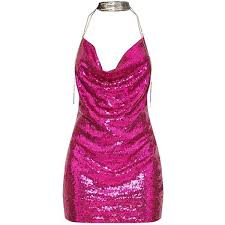 Fuchsia Sequin Chain Choker Mini Dress 60 Liked On Polyvore Featuring Dresses Pink Sequin Coc Sequin Dress Short Sequin Cocktail Dress Fuschia Pink Dress