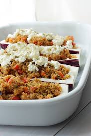 Stuffed Graffiti Aubergines With Quinoa And Feta Cheese