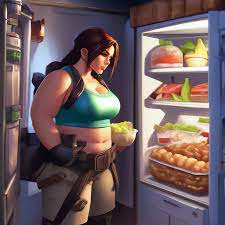 Incredibly fat Lara Croft eats from the refrigerator" — image created in  Shedevrum