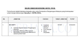 Kerja kosong sipitang, kerja kosong singapura, kerja kosong sime darby, kerja kosong risda 2017, kerja kosong driver data entry 2017, kerja. Jawatan Kosong Terkini Hotel 99 Kl Security Kerja Kosong Kerajaan Swasta