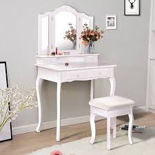 Costway Vanity Makeup Dressing Table Stool 4 Jewelry Wood Desk White Walmart Com Dressing Table Set Dressing Table With Stool White Vanity