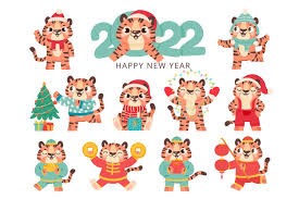 Cute Tiger 2022 Chinese Happy New Year Symbol Tigers In Tra 1377573 Illustrations Design Bundles New Year Cartoon New Year Symbols Santa Hat Vector