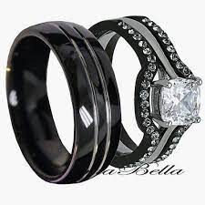 His Tungsten Hers Black Stainless Steel 4 Pc Wedding Engagement Ring Band Set Black Wedding Rings Black Rings Wedding Rings
