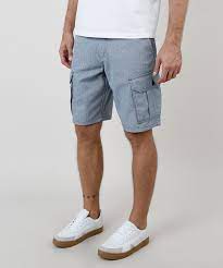 Bermuda Masculina Cargo Estampada Zigue Zague Com Cordao Azul Medio