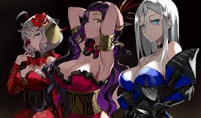 carmen (takt op.), destiny (takt op.), moonlight (takt op.), takt op., takt  op. symphony, official art, 3girls, ahoge, arms up, black hair, blue dress,  blue eyes, dress, flower, flower on head, long