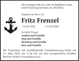 Der deutsche handballtorwart henning fritz. Traueranzeigen Von Fritz Frenzel Markische Onlinezeitung Trauerportal