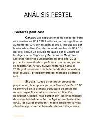 Este análisis también se realiza para evaluar el potencial de un nuevo mercado. Analisis Pestel Chocolate Peru