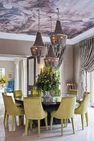 A Green Colourful Dining Space Featuring A Mural Ceiling Oversized Green And Purple Floarls On A Round Dining Table Gre Decor Round Dining Table Dining Table