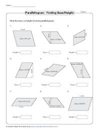 Calculations include side lengths, corner angles, diagonals, height, perimeter and area of parallelograms. Area Of Parallelograms Worksheets