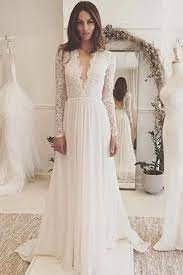 Off White Chiffon Open Back Long Sleeves Wedding Dress Simple A Line V Neck Lac Long Sleeve Wedding Gowns V Neck Wedding Dress Long Sleeve Wedding Dress Simple