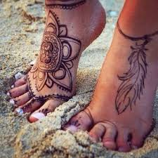 Brown Henna Indian Feather Tribal Mandala Foot Tattoo Ideas For Women At Mybodiart Com Tattoos Henna Ankle Foot Tattoos