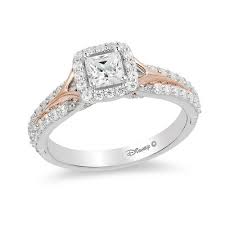 Enchanted Disney Aurora 3 4 Ct T W Princess Cut Diamond Frame Engagement Ring In 14k Two Tone Gold