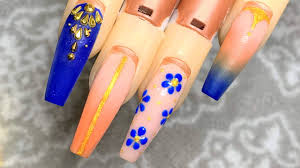 Blue ombre nails design with silver swirls. Orange And Blue Ombre Acrylic Nail Tutorial Youtube