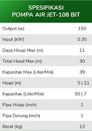 Ini merupakan pompa air semi jet pump daya hisap 20 meter hingga mencapai 30 meter, dan. Jet 108 Bit Shimizu