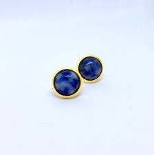 Black And White Spotted Gemstone Tiny Sodalite Gemstone Studs Gold 8mm Small Earring Posts Natural Semi Precious Round Blue White Spotted Gemstones Small Earrings Gemstones Black Earrings