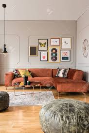 The eye is a muscle and likes to be functioned. Eclectic Living Room Interior With Comfortable Velvet Corner Sofa With Pillows Stock Photo Picture And Royalty Free Image Image 140518251