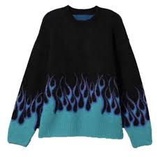 Men's knit sweater flame printed long sleeve dark navy crewneck pullover sweater. Blue Flame Knit Sweater Adn Studios Sweaters Knitted Sweaters Blue Flames