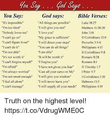 Also, all verses will be esv unless another version has a better sense of meaning, in which case other versions will be included and noted. Aba Say God Says You Say God Says Bible Verses It S Impossible Luke 1827 All Things Are Possible I M Too Tired I Will Give You Rest Matthew 1128 30 Nobody Loves Me John
