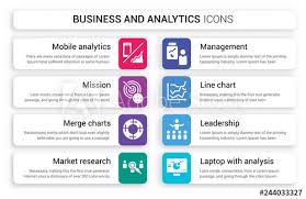Set Of 8 White Business And Analytics Icons Such As Mobile