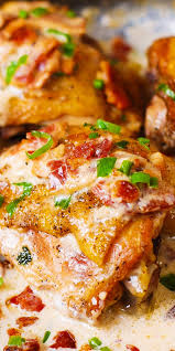 Pan Fried Chicken Thighs In A Creamy Bacon Sauce Bone In Chicken Recipes Pan Fried Chicken Thighs Boneless Chicken Thigh Recipes