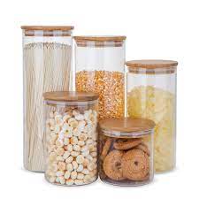 6 glass mason jars with lids: Glass Food Storage Containers Set Airtight Food Jars With Bamboo Wooden Lids Set Of 5 Kitchen Canisters For Sugar Candy Cookie Rice And Spice Jars Buy Online At Best Price In Uae