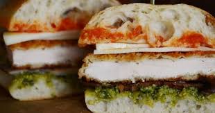 The panko bread crumb chicken needs a relatively short time in the oven, not enough time for the breadcrumbs to become golden and crispy. Chicken Cutlet Sandwich On Ciabatta Roll With Sauteed Portabella Mushroom Provolone Cheese Basil Pest Breaded Chicken Cutlets Breaded Chicken Chicken Cutlets