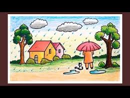 How To Draw Rainy Season Scenery For Kids Step By Step Village Scenery Drawing Rain Drawing Rainy Day Drawing Drawing For Kids Drawing Pictures For Kids