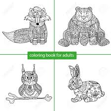 Set Von Vier Zeichnungen Malvorlagen Fur Erwachsene Und Kinder Fuchs Bar Eule Kaninchen Lizenzfrei Nutzbare Vektorgrafiken Clip Arts Illustrationen Image 68958068