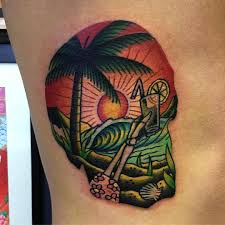 Paradise Skull By Samkanetattoo At Ocean Ink In Sydney Australia Paradise Skull Palmtree Samkanetatto Traditional Tattoo Tattoos For Women Sunset Tattoos