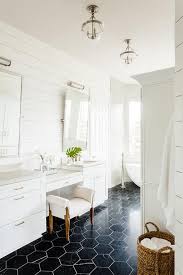 Large Black Floor Tiles Lit By Mini Glass Bell Jar Lanterns Contrast A White Drop Down Makeup V In 2020 Black Tile Bathrooms Black Marble Bathroom Bathroom Floor Tiles