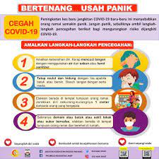 Oleh karena itu, masyarakat diimbau untuk patuh mengikuti anjuran langkah pencegahan dan mengenali gejala terinfeksi virus corona sehingga bisa mendeteksi. Kementerian Kesihatan Malaysia Portal Myhealth Hadapi Jangkitan Covid 19 Dengan Tenang Sentiasa Patuhi Nasihat Yang Dikeluarkan Oleh Kementerian Kesihatan Malaysia Bersama Mencegah Penularan Covid 19 Kredit Jabatan Kesihatan Negeri Pahang