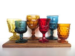 Mismatched Colored Glasses Set Of 6 Retro Glass Goblet Set Mixed Collection Of Vintage Colored Pressed Glass Stemware Bo Glass Stemware Glass Vintage Colors
