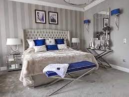 Gorgeous Beige And Blue Glam Bedroom Decor With Chic Tufted Velvet Bed Glam Bedroom Decor Glam Bedroom Simple Bedroom Decor Glam Bedroom Decor
