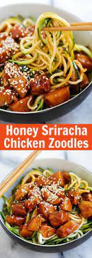 Honey Sriracha Chicken Zucchini Noodles Healthy Zoodles With Sweet And Spicy Honey Sriracha Chicken So Good You Wa Zoodle Recipes Spiralizer Recipes Recipes