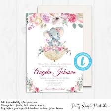 Who does not love a sweet cute pink (or blue for boy) elephant? Girl Elephant Baby Shower Invitation Floral And Lace Umbrella Elum Pretty Simple Printables
