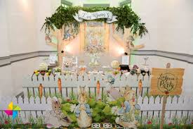 A Beautiful Peter Rabbit Themed Backdrop And Candy Buffet Designed And Styled By Parteeb Peter Rabbit Birthday Garden Party Birthday Peter Rabbit Easter Party