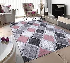 The pink hue of these chairs brings color into the neutral space, without being this pattern on this condominium's wallpaper reads as pale pink from across the room and pairs smashingly with both a floral rug and velvet barstools. Blush Pink Silver White Grey Trellis Small Medium Xx Large Rug New Modern Soft Thick Carved Carpet Non Shed Runner Bedroom Living Room Area Rug Mat 80 X 150 Cms Amazon Co Uk Kitchen